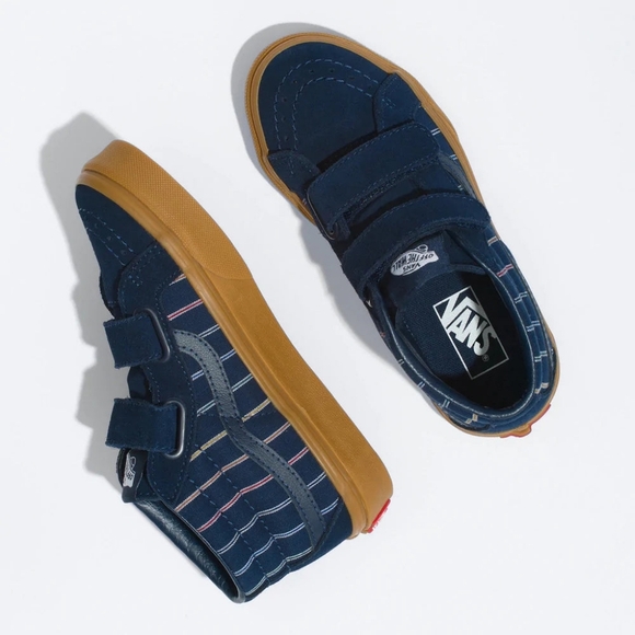 VANS Sk8 Kid Shoes Mid Size 6 Blue Suede Tan Soles 2 Velcros - Picture 1 of 10